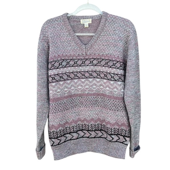 VTG Alexxus Exclusive Knit Grandpa Sweater Purple Geometric Fair Isle XL Taiwan - Picture 1 of 11